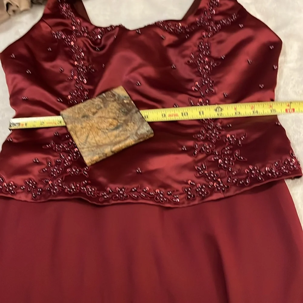 Rebecca Women’s Burgundy Merlot Dark Red Beaded Satin Sheer Formal Prom Gown L